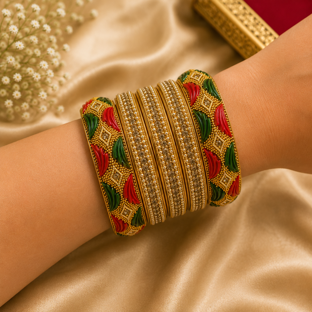Red Green & Gold Designer Bangles Set for Women | Traditional Ethnic Bridal Bangles | Wedding & Festive Wear - Image 4