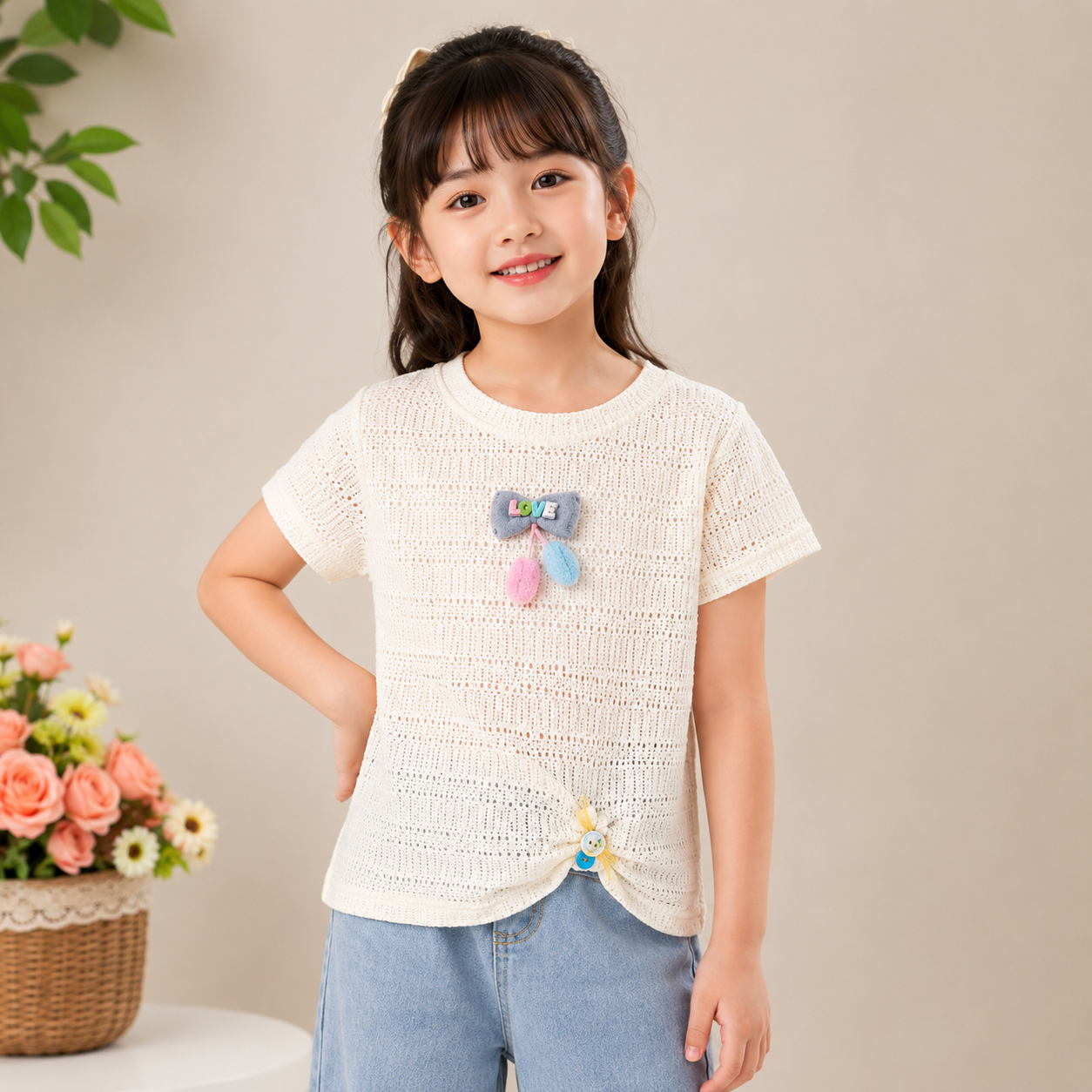 Girls Cream Crochet Knit Top with LOVE Applique