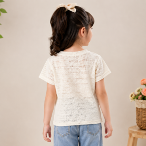 Girls Cream Crochet Knit Top with LOVE Applique