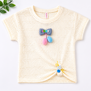 Girls Cream Crochet Knit Top with LOVE Applique