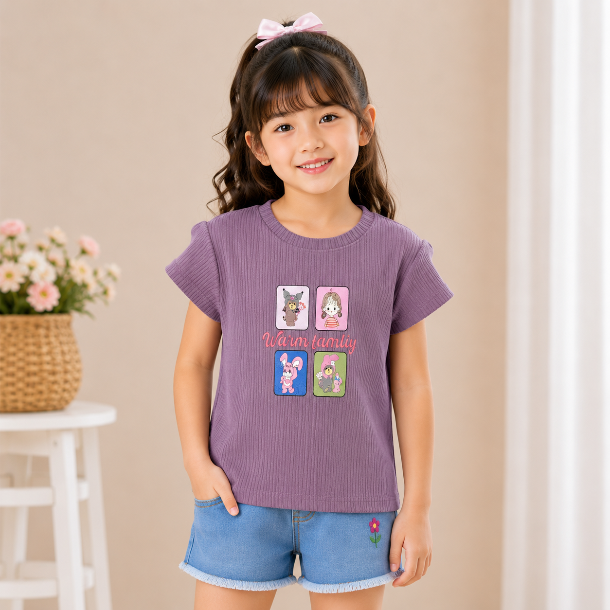 Girls Lavender Ribbed Top – Warm Family Print