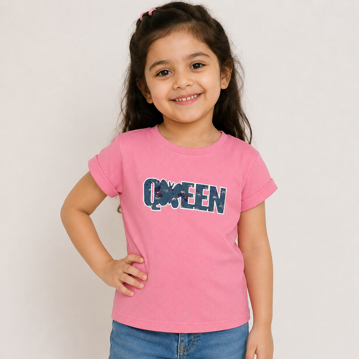 Girls Pink "QUEEN" Printed Half Sleeve T-Shirt