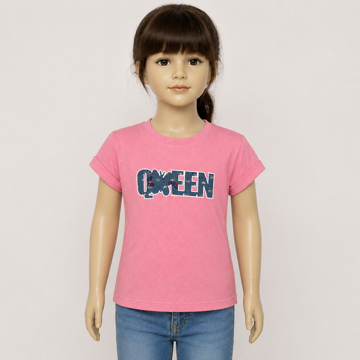 Girls Pink "QUEEN" Printed Half Sleeve T-Shirt - Image 3