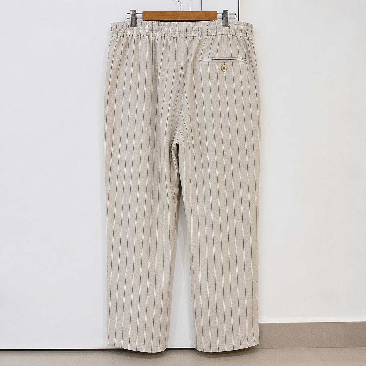 Men's Beige Pinstripe Relaxed Fit Casual Trousers - Image 3