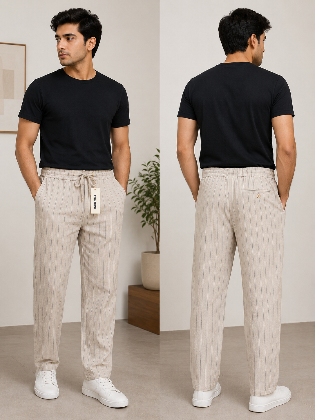 Men's Beige Pinstripe Relaxed Fit Casual Trousers