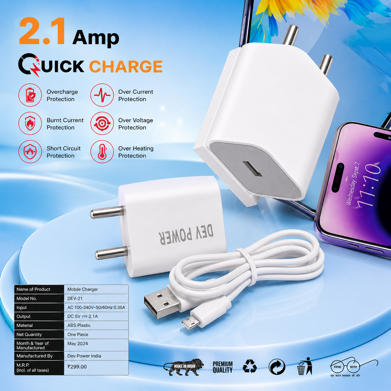 Dev Power CH-24 20W Fast Mobile Charger with USB-A to Micro USB (V8)