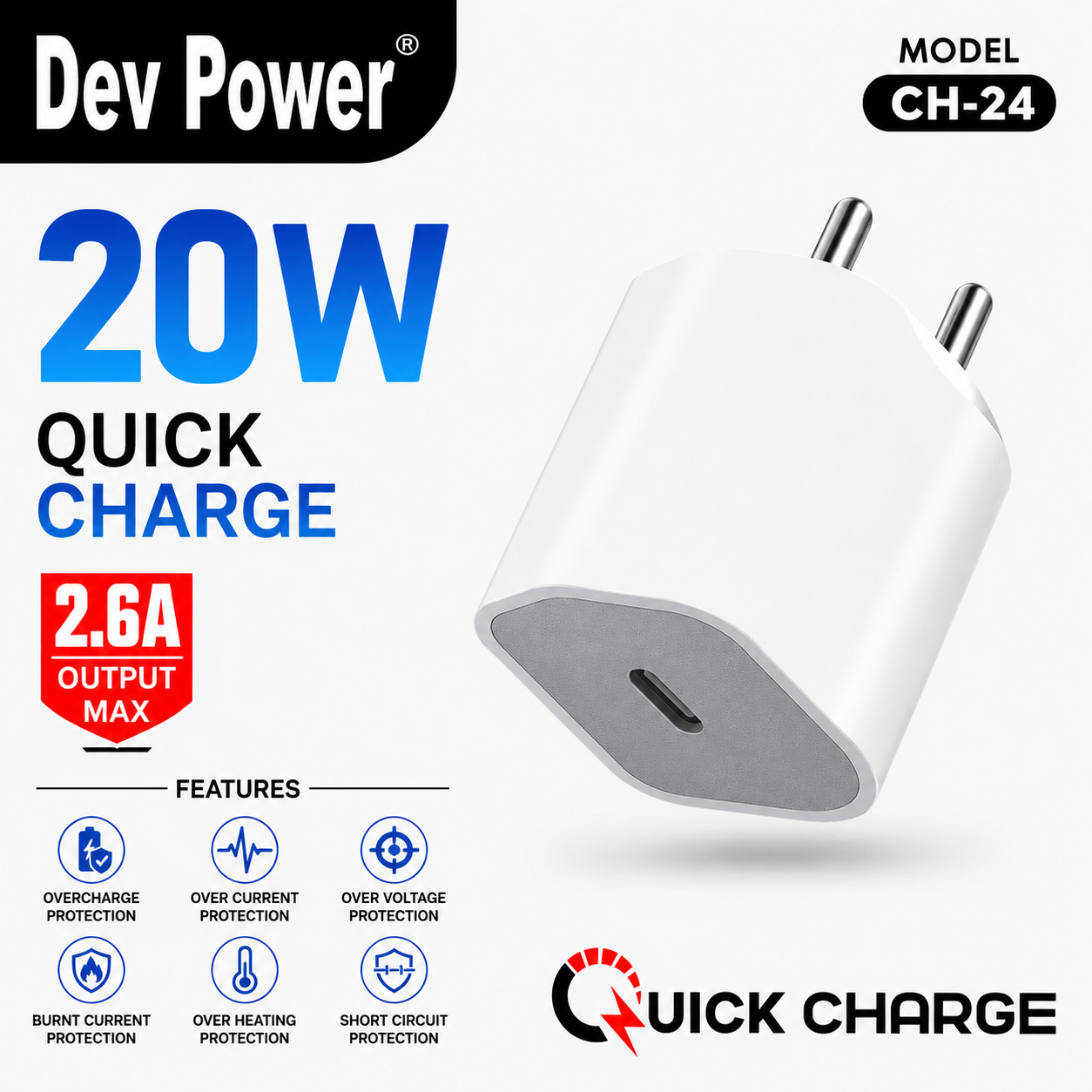 Dev Power CH-24 20W Fast Mobile Charger with USB-A to Micro USB (V8) - Image 4