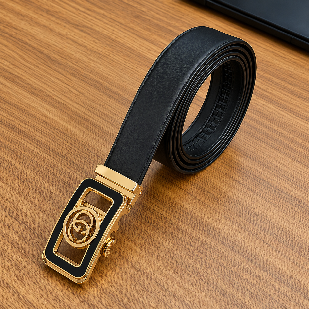 Premium Men's Automatic Buckle Leather Belt – Black & Gold - Image 3