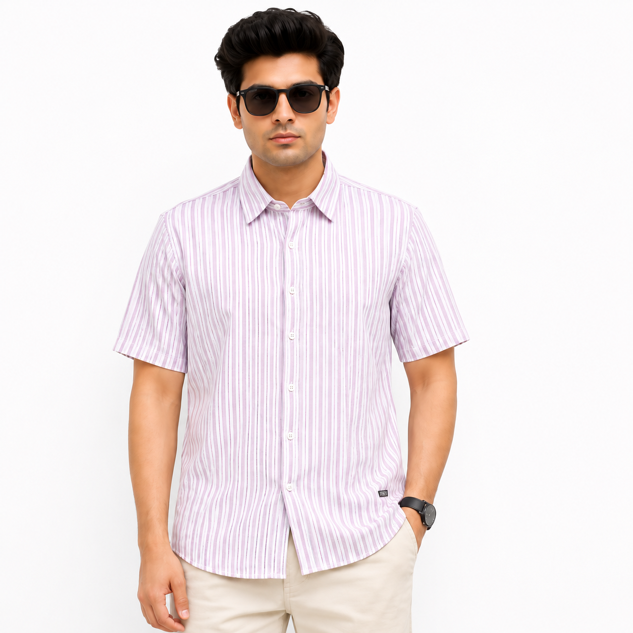 R2i Men's Lavender Striped Half Sleeve Casual Shirt (XL)