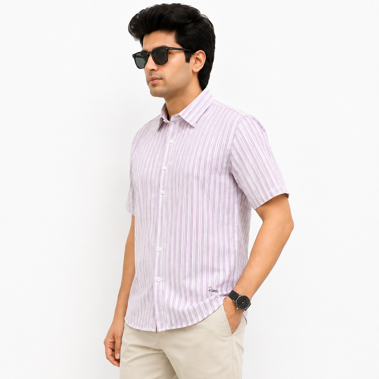 R2i Men's Lavender Striped Half Sleeve Casual Shirt (XL) - Image 2