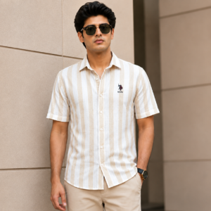 U.S. Polo Assn. Men's Beige & Off White Striped Half Sleeve Casual Shirt (XL)