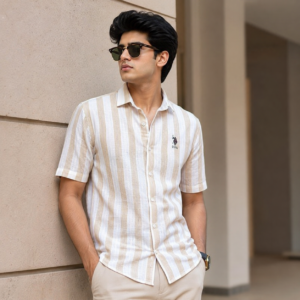 U.S. Polo Assn. Men's Beige & Off White Striped Half Sleeve Casual Shirt (XL)