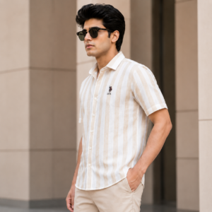 U.S. Polo Assn. Men's Beige & Off White Striped Half Sleeve Casual Shirt (XL)
