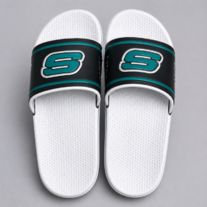 Men's White Slide Slippers | Black & Teal Logo Comfort Slides | Lightweight Daily Wear Slippers
