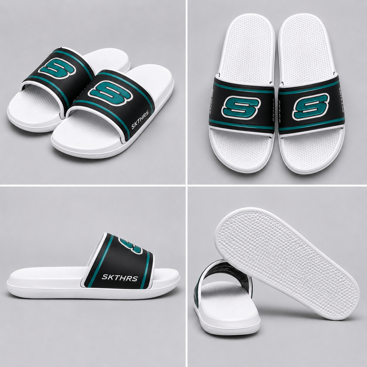 Men's White Slide Slippers | Black & Teal Logo Comfort Slides | Lightweight Daily Wear Slippers - Image 2