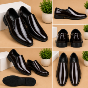 K-Green Men's Premium Glossy Slip-On Formal Shoes | Patent Finish Office & Party Wear Shoes | Dark Brown