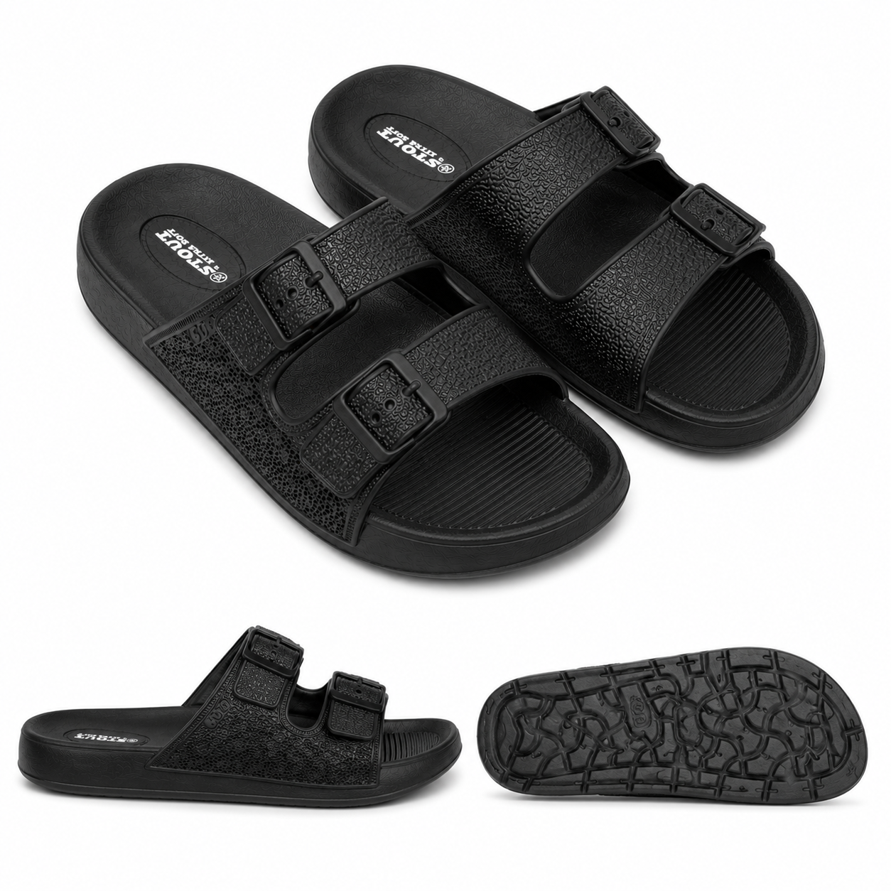 STOUT Men's Black Double Buckle Comfort Slides/Slippers - Image 3