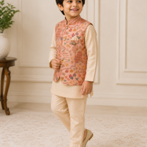 Fantacy Kids Peach Embroidered Ethnic Wear Set for Boys