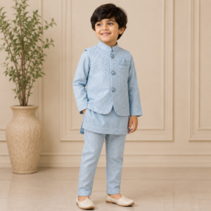 JISAAN Kids Sky Blue Embroidered Ethnic Wear Set for Boys