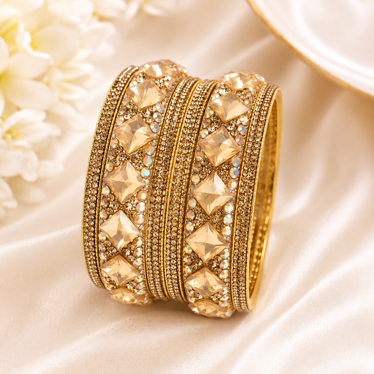 Women's Premium Gold-Tone Crystal Stone Designer Bangles Set - Image 2