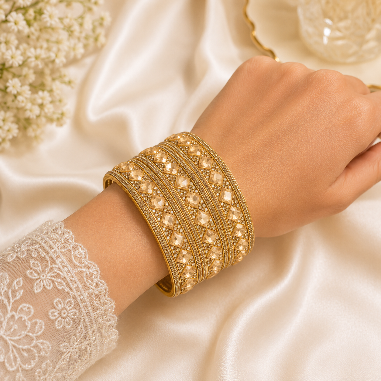 Women's Premium Gold-Tone Crystal Stone Designer Bangles Set - Image 4