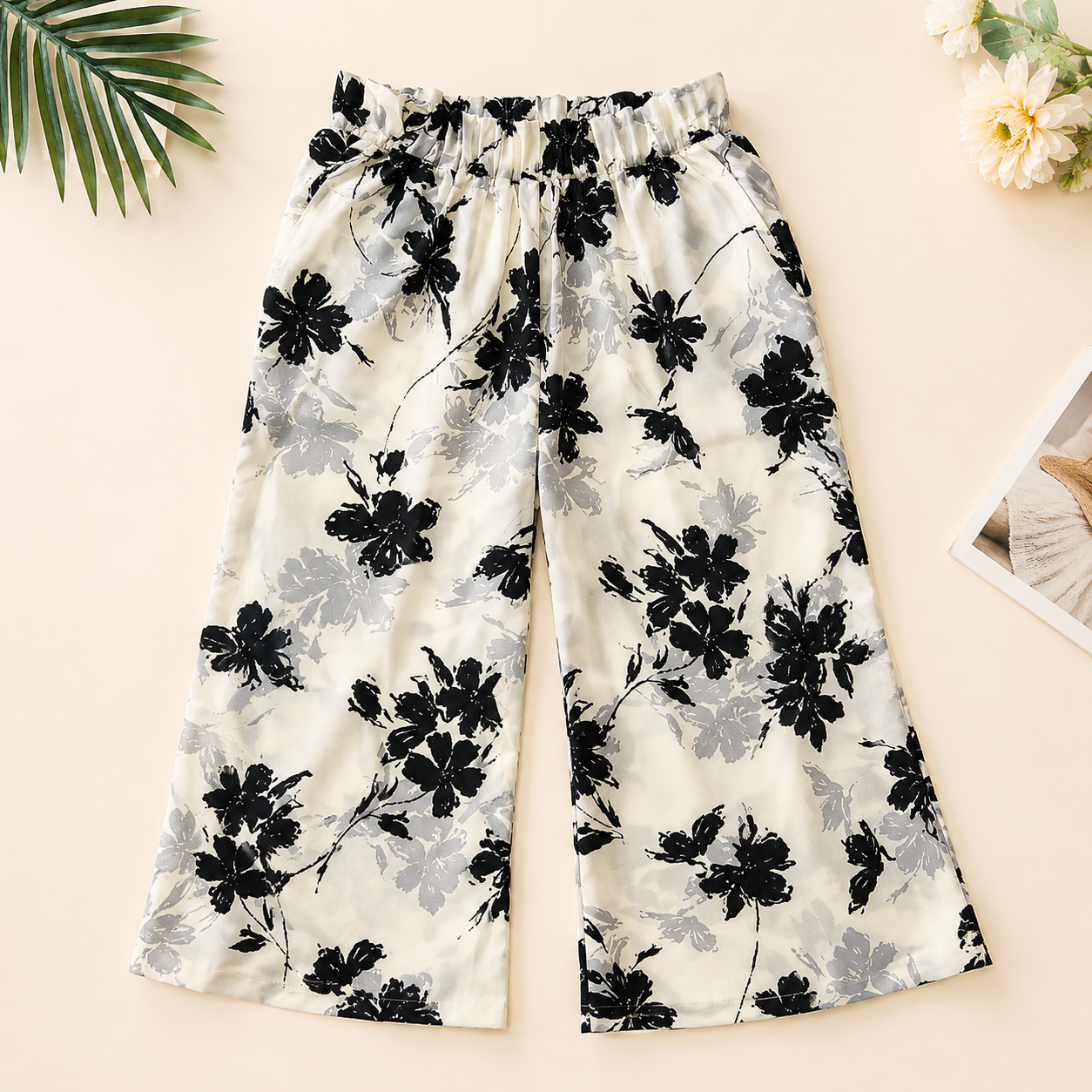 Girls White & Black Floral Sleeveless Top with Wide-Leg Palazzo Pants Co-Ord Set - Image 6