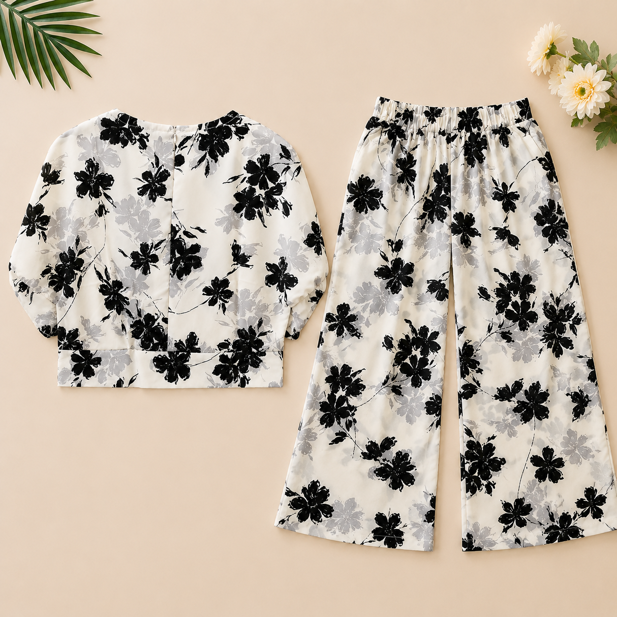 Girls White & Black Floral Sleeveless Top with Wide-Leg Palazzo Pants Co-Ord Set - Image 2