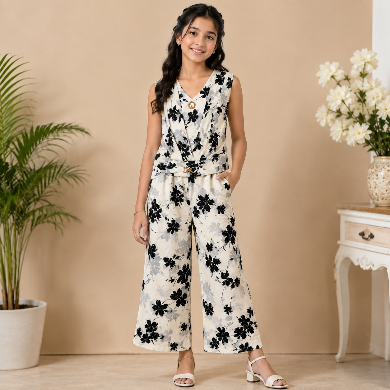 Girls White & Black Floral Sleeveless Top with Wide-Leg Palazzo Pants Co-Ord Set - Image 7