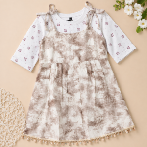 Girls Cream Floral Layered Dress with Inner Top
