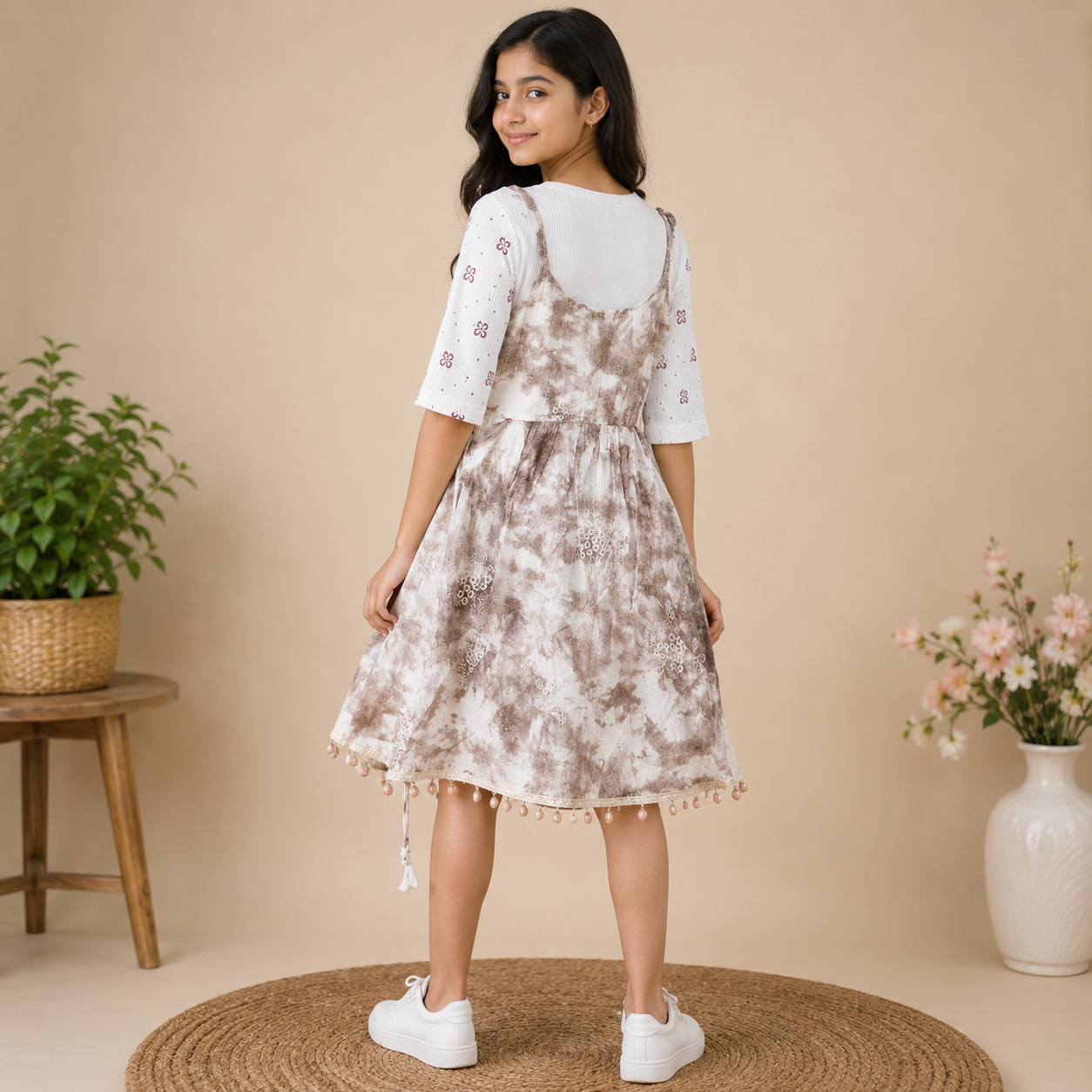 Girls Cream Floral Layered Dress with Inner Top - Image 2