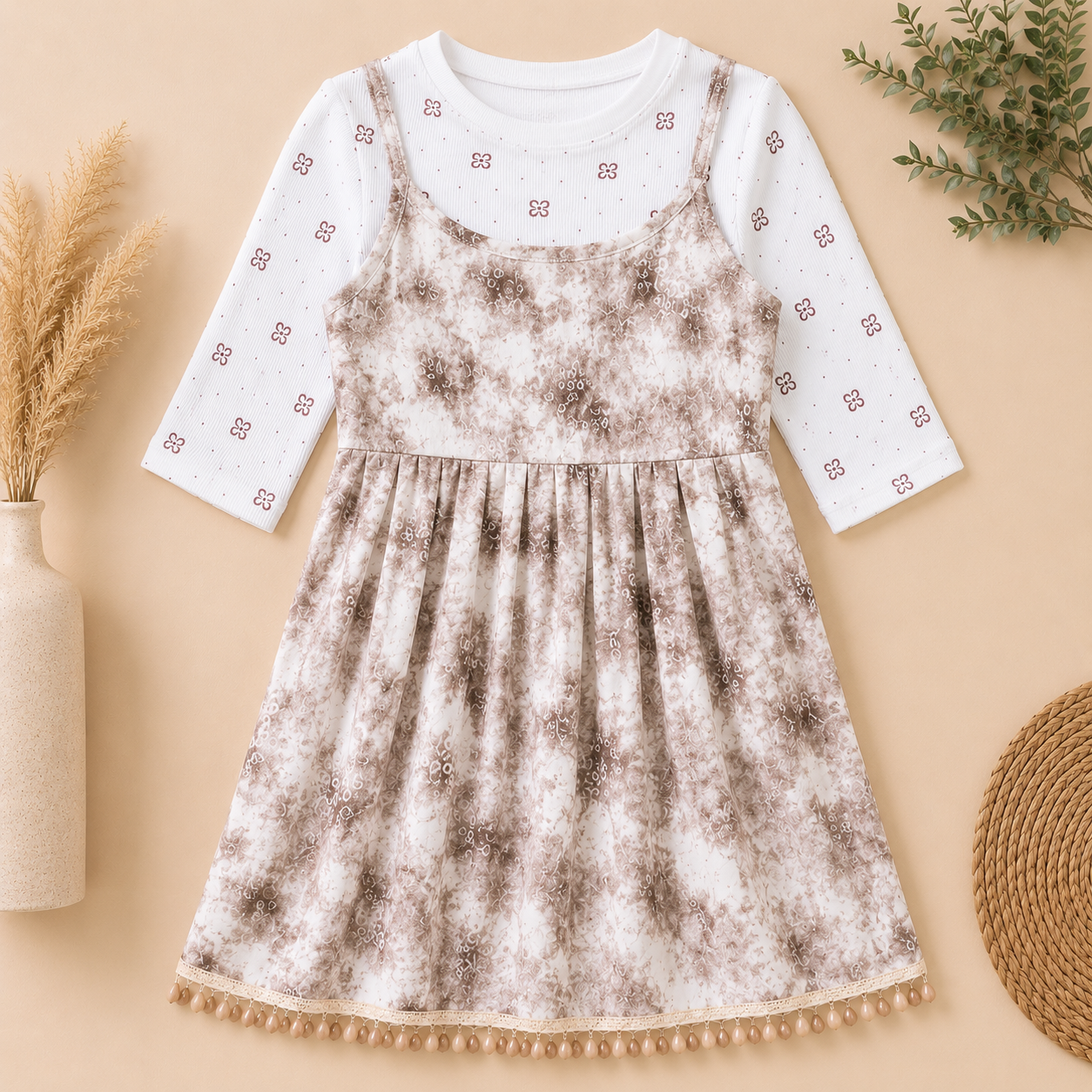 Girls Cream Floral Layered Dress with Inner Top - Image 4