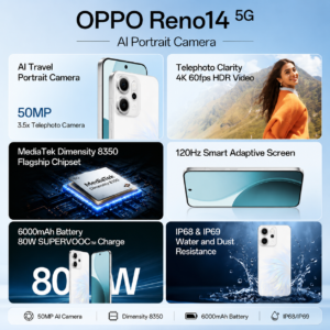 OPPO Reno14 5G 8GB RAM + 256GB ROM – Pearl White