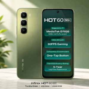 Infinix HOT 60 5G+ (Tundra Green, 6GB RAM, 128GB Storage) | 90FPS Gaming | 500K+AnTuTu Score | One-Tap AI Button | Infinix AI