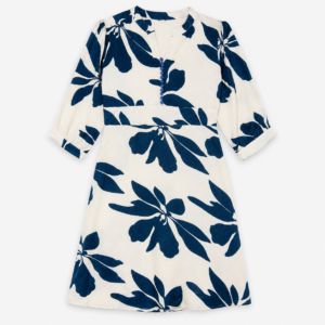 Women's White & Navy Blue Floral Printed A-Line Midi Dress with Waist Tie
