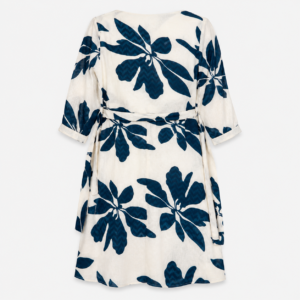 Women's White & Navy Blue Floral Printed A-Line Midi Dress with Waist Tie