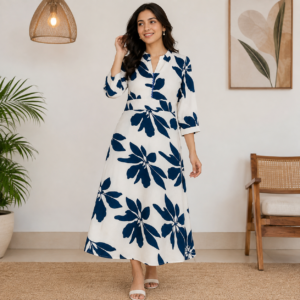 Women's White & Navy Blue Floral Printed A-Line Midi Dress with Waist Tie