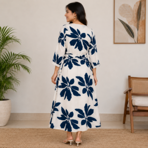 Women's White & Navy Blue Floral Printed A-Line Midi Dress with Waist Tie
