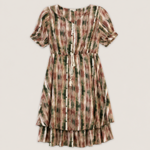 Women's Multicolor Abstract Printed Tiered Midi Dress with Drawstring Waist