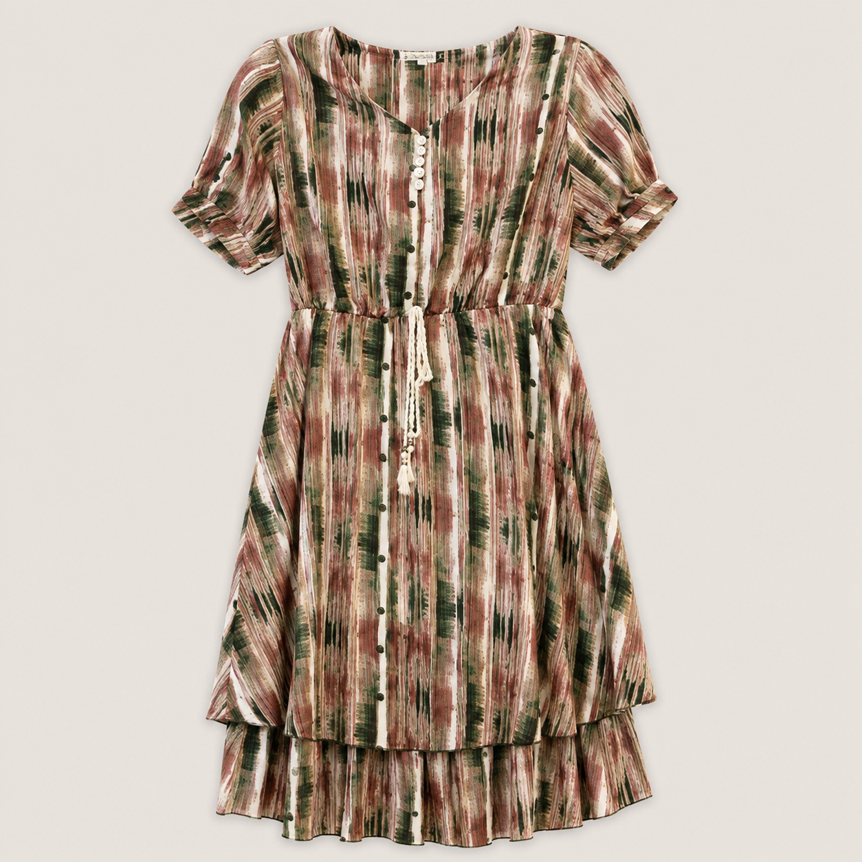 Women's Multicolor Abstract Printed Tiered Midi Dress with Drawstring Waist - Image 3