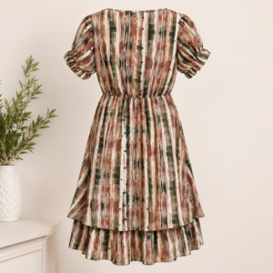 Women's Multicolor Abstract Printed Tiered Midi Dress with Drawstring Waist