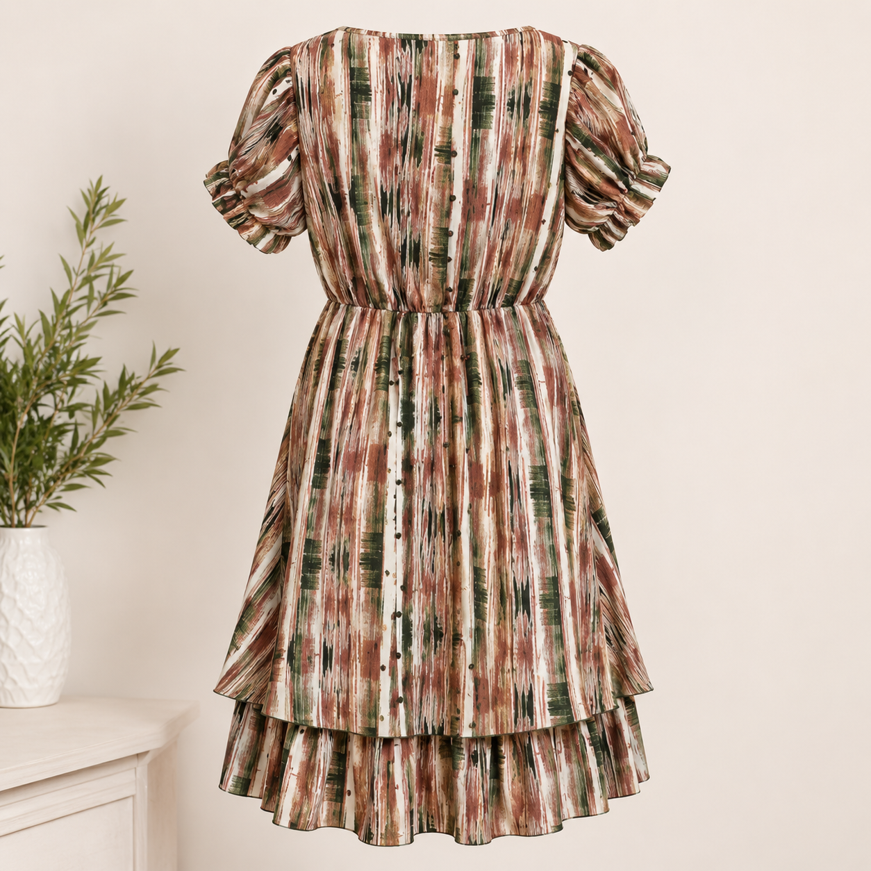 Women's Multicolor Abstract Printed Tiered Midi Dress with Drawstring Waist - Image 4