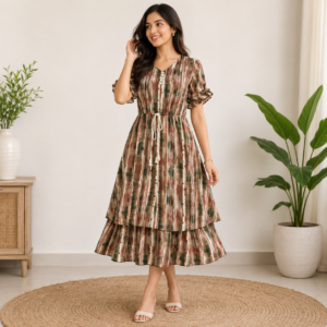 Women's Multicolor Abstract Printed Tiered Midi Dress with Drawstring Waist