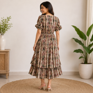 Women's Multicolor Abstract Printed Tiered Midi Dress with Drawstring Waist