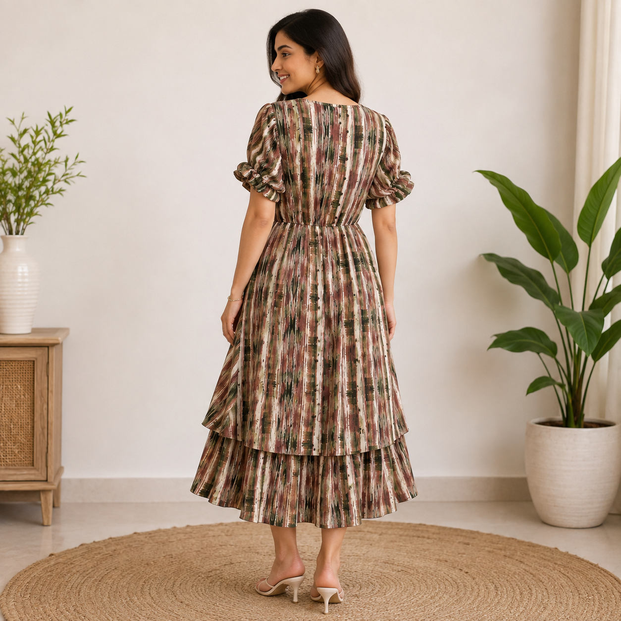 Women's Multicolor Abstract Printed Tiered Midi Dress with Drawstring Waist - Image 2