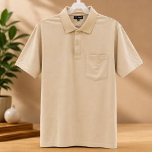 Free Mind Men’s Beige Regular Fit Ribbed Collar T-Shirt with Chest Pocket