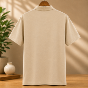 Free Mind Men’s Beige Regular Fit Ribbed Collar T-Shirt with Chest Pocket