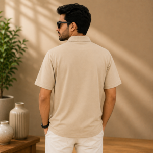 Free Mind Men’s Beige Regular Fit Ribbed Collar T-Shirt with Chest Pocket