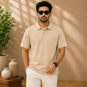 Free Mind Men’s Beige Regular Fit Ribbed Collar T-Shirt with Chest Pocket