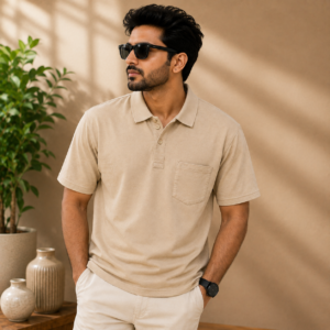Free Mind Men’s Beige Regular Fit Ribbed Collar T-Shirt with Chest Pocket