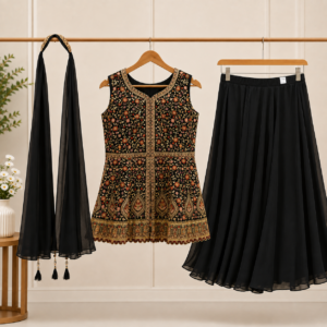 Women's Black Embroidered Kurti Set with Skirt & Dupatta (3-Piece Set)